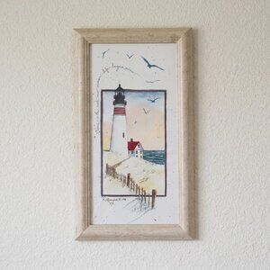 Vintage D. Morgan Lighthouse Watercolor Framed Print Shore Birds Nautical Art